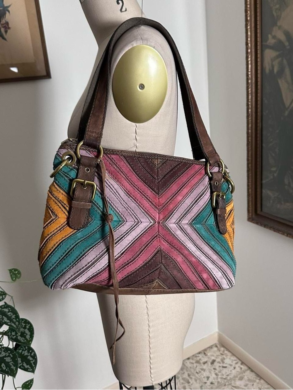 Vintage early 2000s genuine leather patchwork striped suede shoulder bag